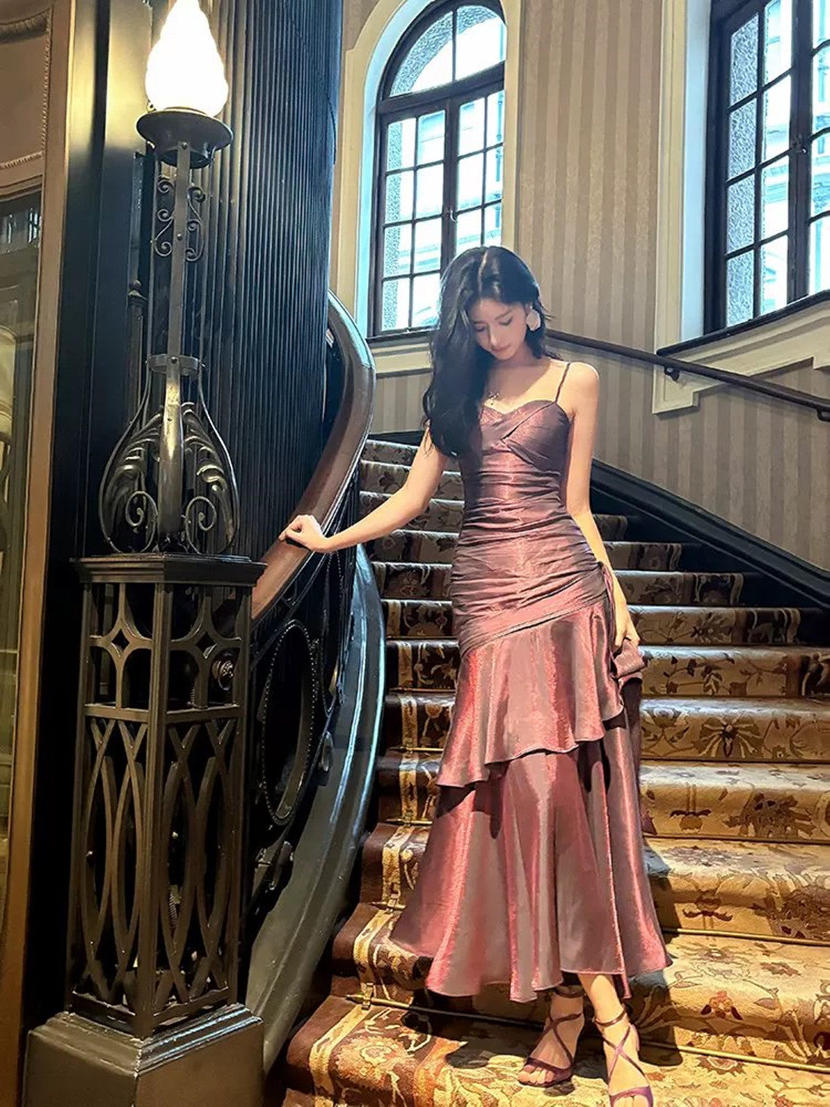 Lovely Satin Purple Straps Mermaid Long Classy Dress, Purple Classy Prom Dress Party Dress