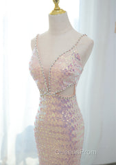 Lovely Sequins Mermaid V-Neckline Straps Party Dress, Sequins Long Formal Dress