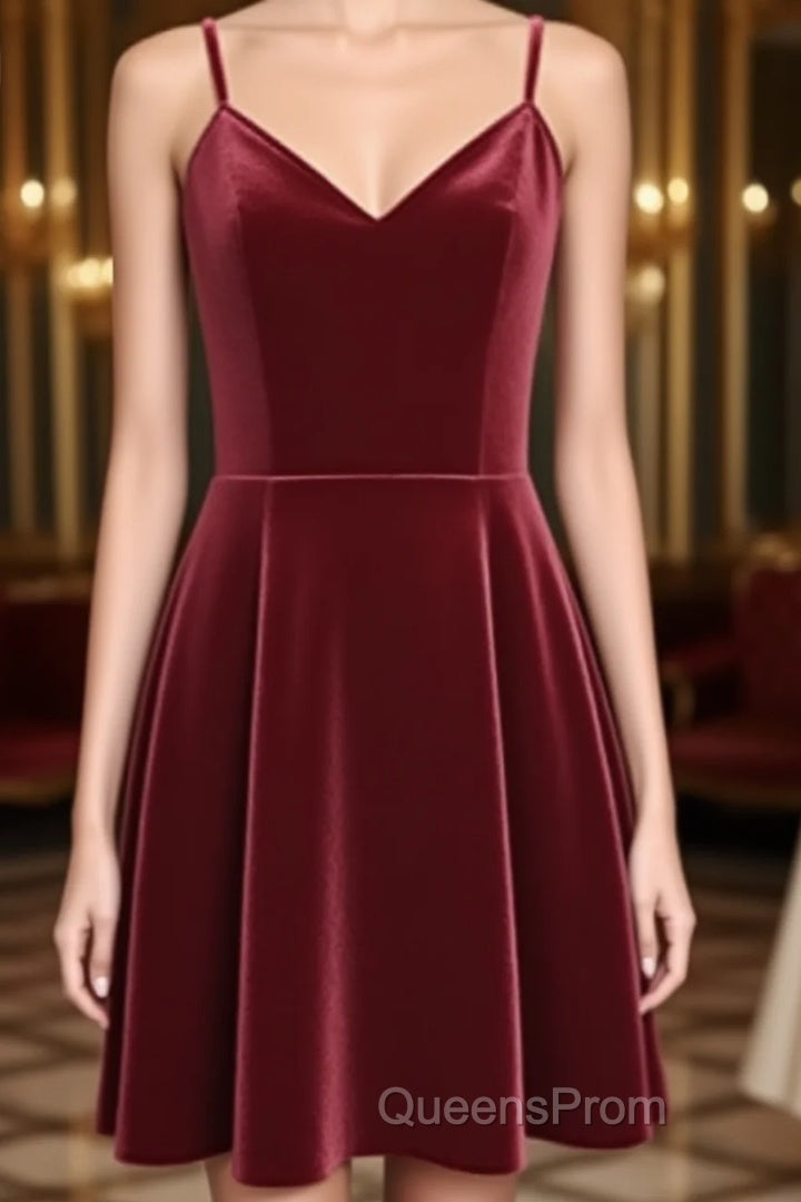 Lovely Short Homecoming Dress, Wine Red Straps V-Neckline Evening Prom Dress, Party Dress Main image