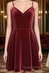 Lovely Short Homecoming Dress, Wine Red Straps V-Neckline Evening Prom Dress, Party Dress