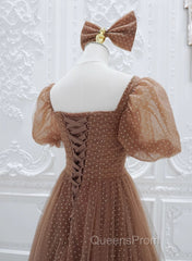 Lovely Simple Tulle Short Sleeves A-Line Party Dress, Long Tulle Formal Dress Evening Dress