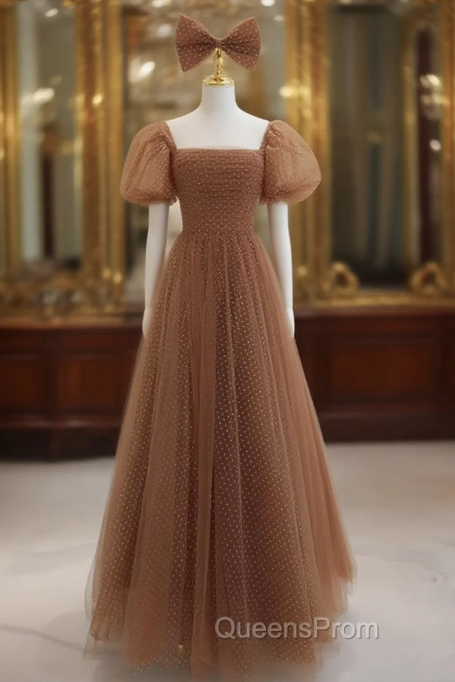 Lovely Simple Tulle Short Sleeves A-Line Party Dress, Long Tulle Formal Dress Evening Dress Main image