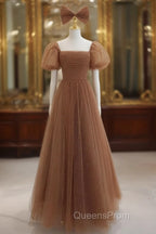 Lovely Simple Tulle Short Sleeves A-Line Party Dress, Long Tulle Formal Dress Evening Dress
