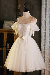 Lovely Spaghetti Strap Tulle Short Evening Prom Dress, Light Champagne A-Line Evening Party Dress