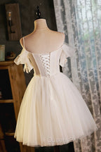 Lovely Spaghetti Strap Tulle Short Evening Prom Dress, Light Champagne A-Line Evening Party Dress