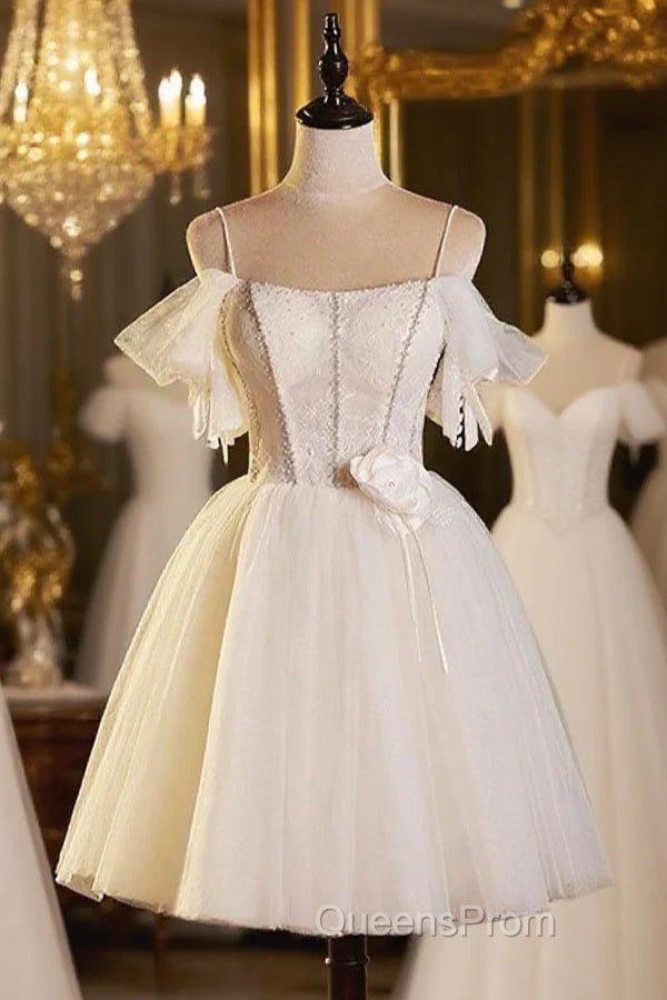 Lovely Spaghetti Strap Tulle Short Evening Prom Dress, Light Champagne A-Line Evening Party Dress Main image