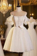 Lovely Spaghetti Strap Tulle Short Evening Prom Dress, Light Champagne A-Line Evening Party Dress