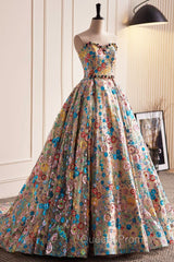 Lovely Sweetheart Floral Sequin Long Evening Prom Dress, A-Line Strapless Evening Dress