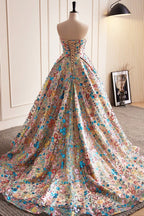 Lovely Sweetheart Floral Sequin Long Evening Prom Dress, A-Line Strapless Evening Dress