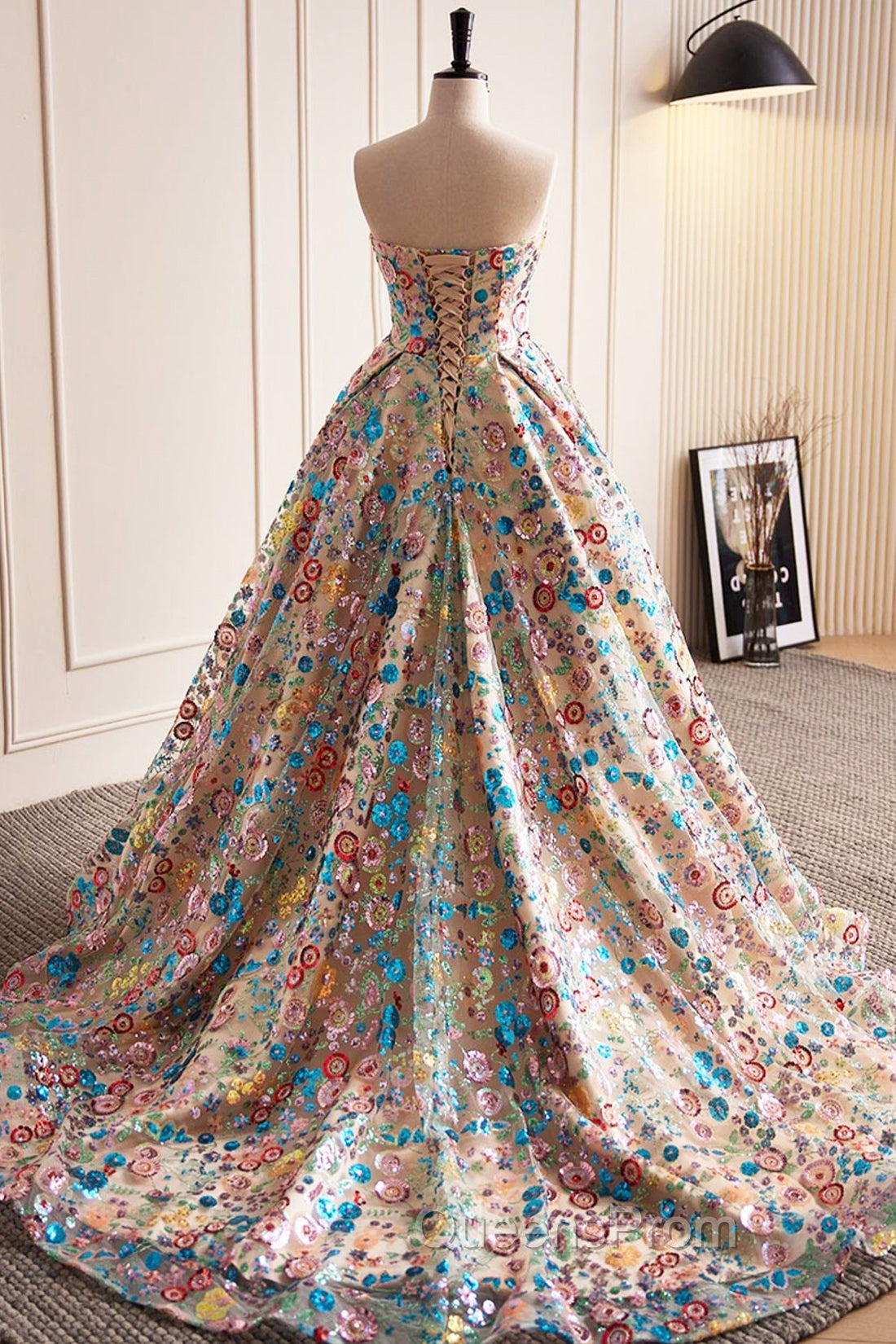 Lovely Sweetheart Floral Sequin Long Evening Prom Dress, A-Line Strapless Evening Dress