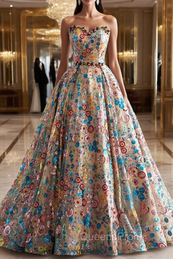 Lovely Sweetheart Floral Sequin Long Evening Prom Dress, A-Line Strapless Evening Dress Main image