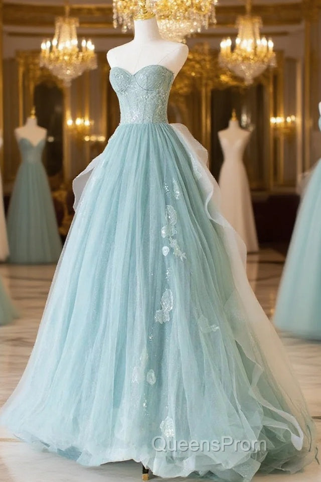 Lovely Sweetheart Neckline Tulle Long Evening Prom Dress With Lace, Beautiful Strapless Evening Dress Main image