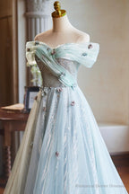 Lovely Tulle Floor Length Green Party Dress, Off the Shoulder A-Line Evening Dress