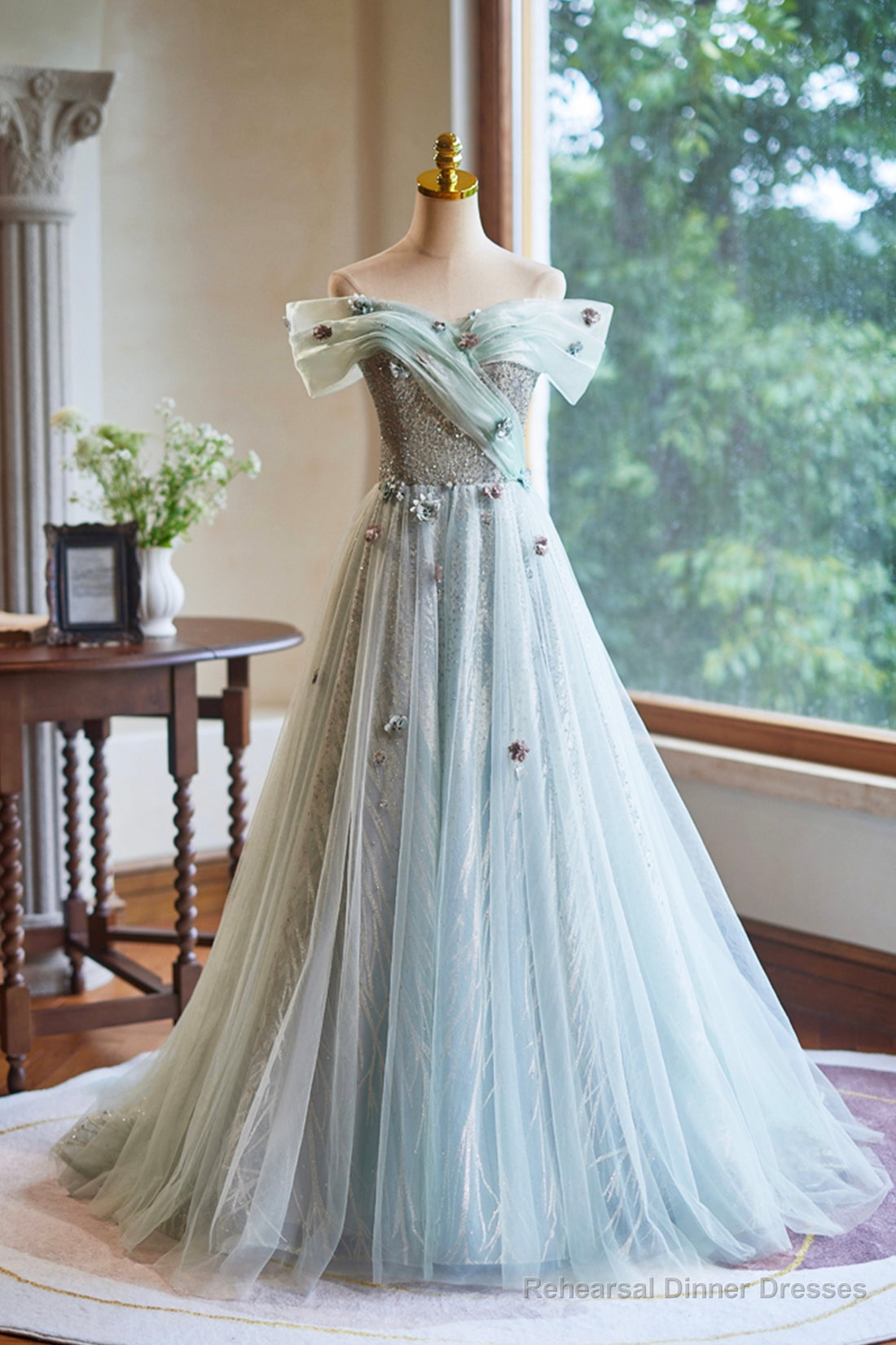 Lovely Tulle Floor Length Green Party Dress, Off the Shoulder A-Line Evening Dress Main image