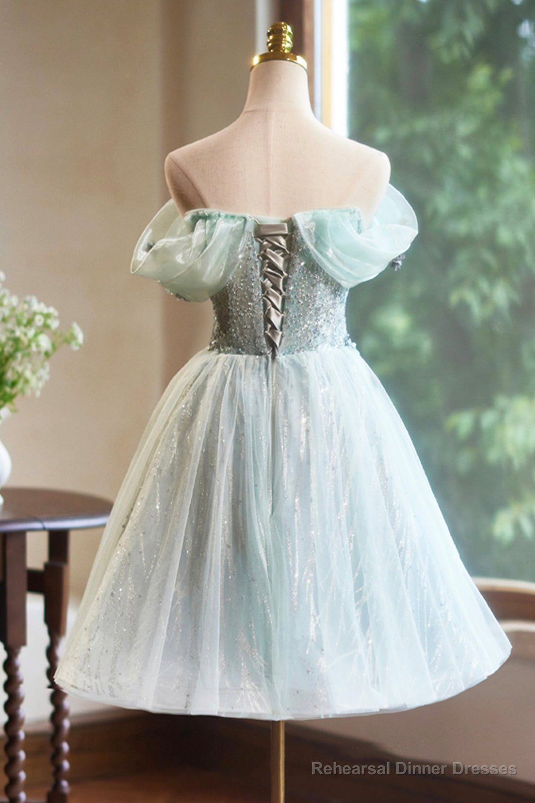 Lovely Tulle Knee Length Green Party Dress, Off the Shoulder A-Line Evening Dress Secondary image