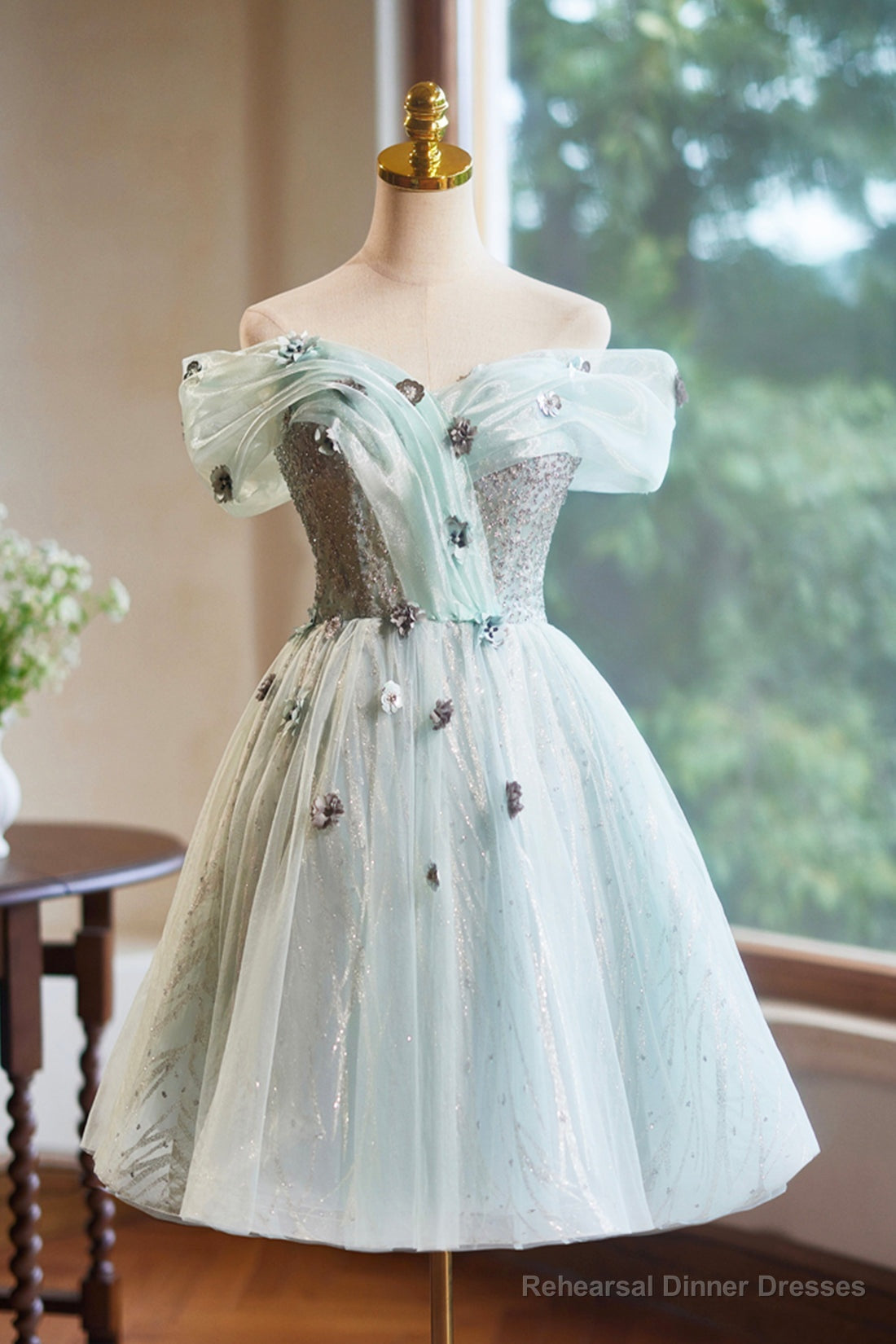 Lovely Tulle Knee Length Green Party Dress, Off the Shoulder A-Line Evening Dress Main image