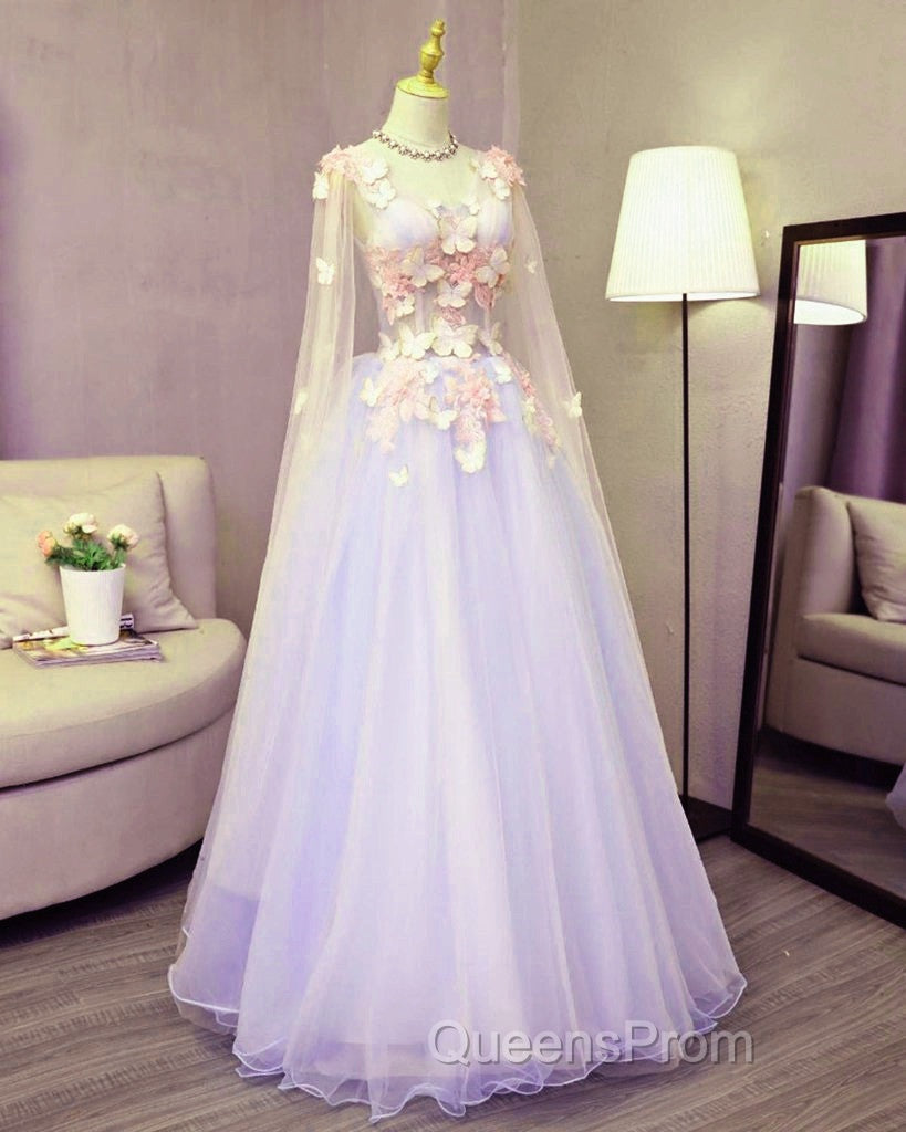 Lovely Tulle Lavender Long Formal Dress With Lace Applique, Sweet 16 Dress