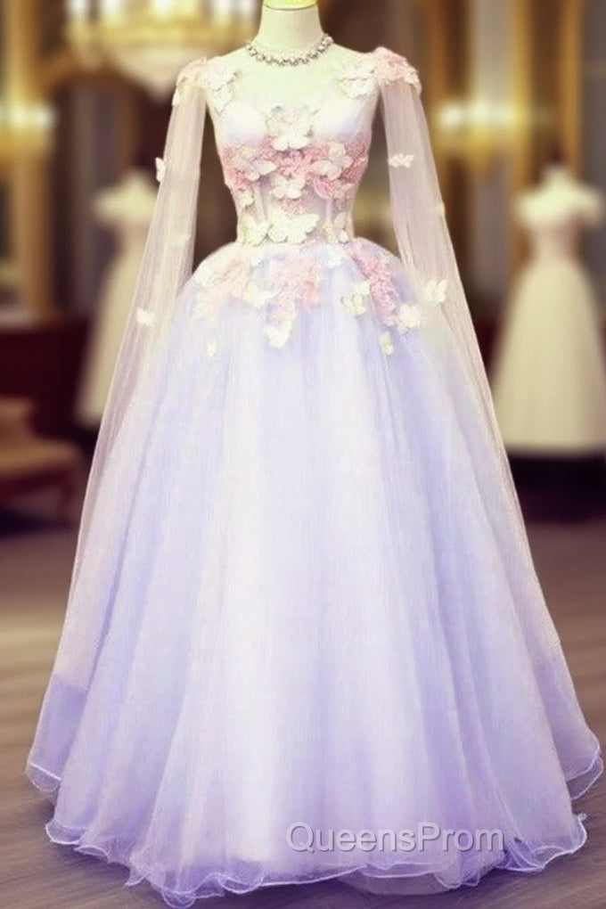 Lovely Tulle Lavender Long Formal Dress With Lace Applique, Sweet 16 Dress Main image