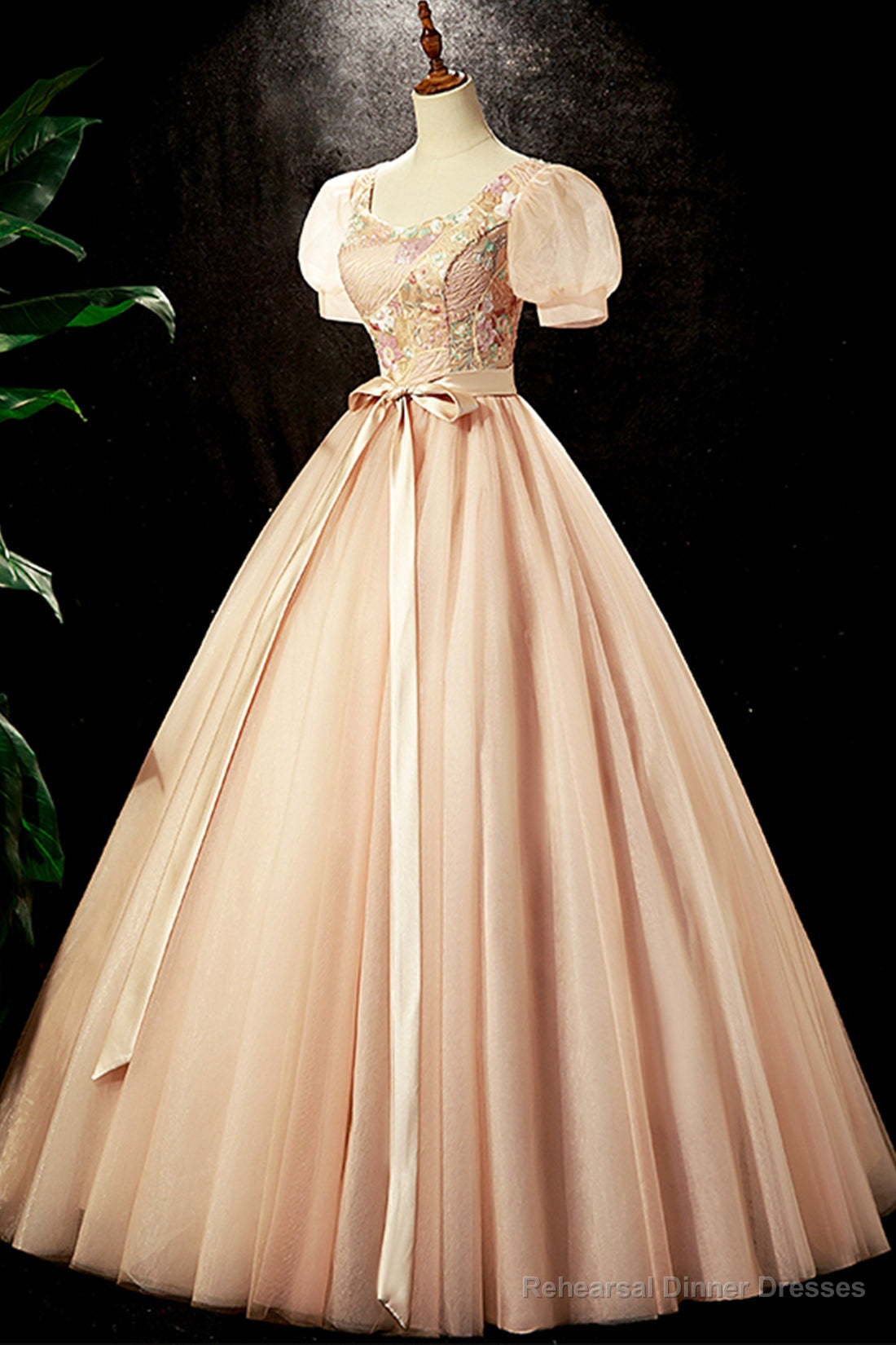 Lovely Tulle Sequins Long Prom Dress, A-Line Short Sleeve Evening Party dress Main image