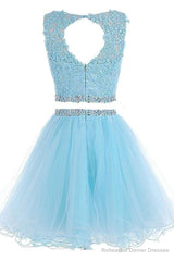 Lovely Two Piece Tulle with Lace Applique, Short Prom Dress