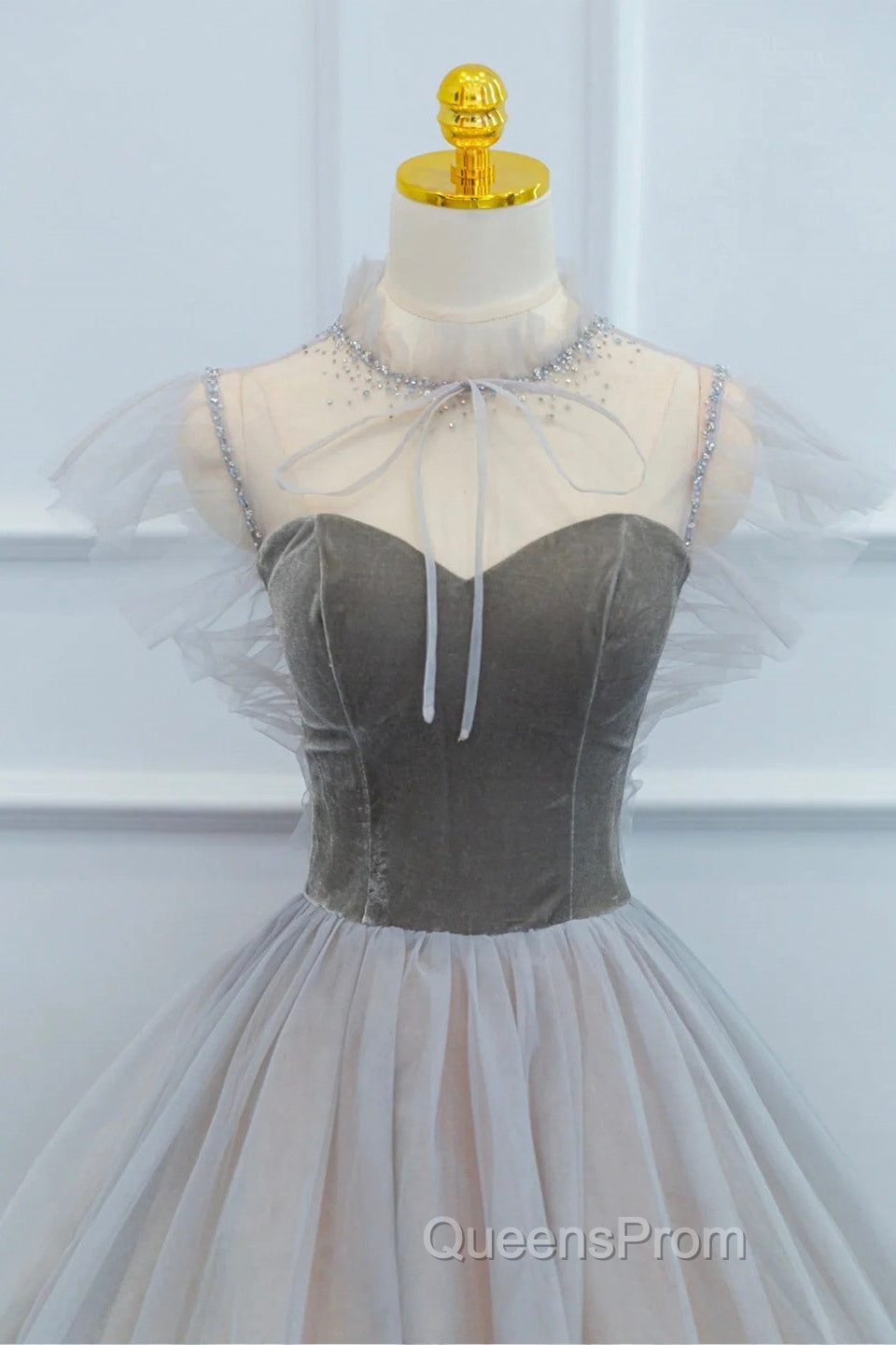 Lovely Velvet And Tulle Floor Length Evening Prom Dress, Gray A-Line Formal Evening Dress Secondary image