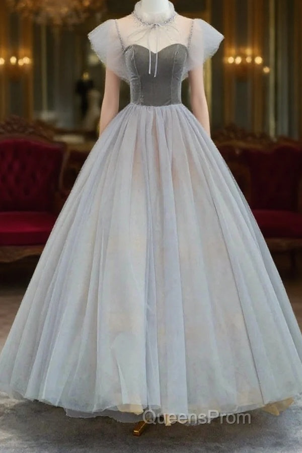 Lovely Velvet And Tulle Floor Length Evening Prom Dress, Gray A-Line Formal Evening Dress Main image