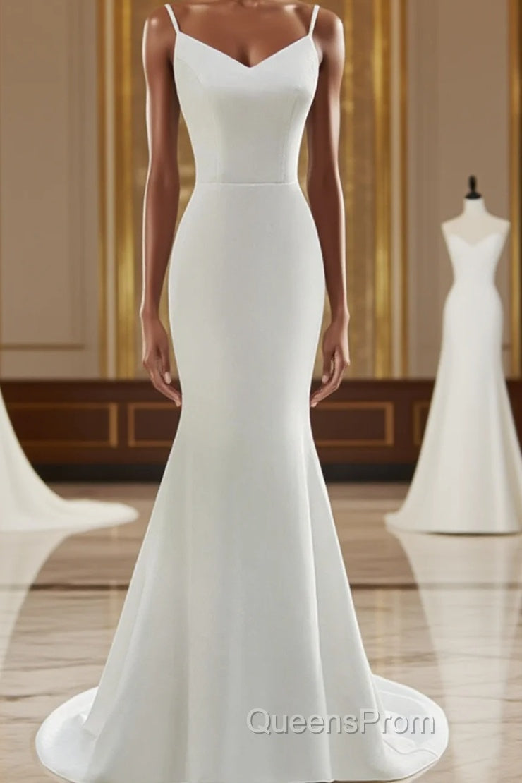 Lovely White Mermaid Straps Long Wedding Party Dress, White Long Formal Dress Main image