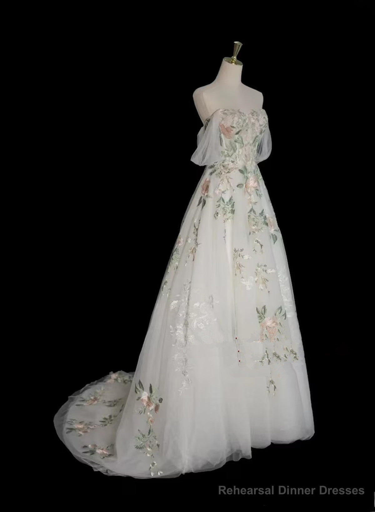 Lovely White Tulle with Floral Lace Off Shoulder Formal Dress, White Tulle Prom Dress Secondary image