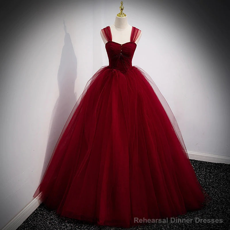 Lovely Wine Red Princess Tulle Beaded Long Party Dress, Dark Red Formal Gown Secondary image