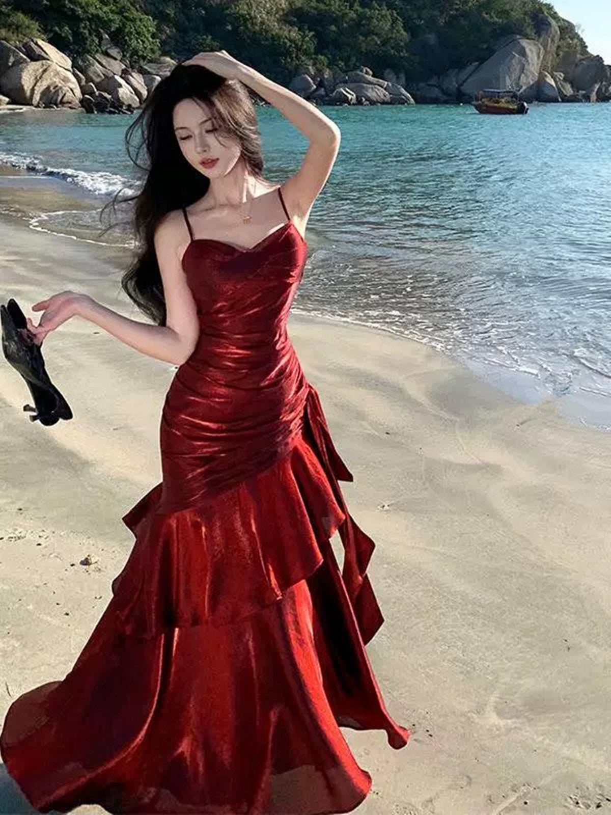 Lovely Wine Red Satin Mermaid Chic Sweetheart Classy Prom Dress, Wine Red Satin Long Eveming Dress Secondary image