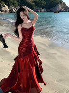 Lovely Wine Red Satin Mermaid Chic Sweetheart Classy Prom Dress, Wine Red Satin Long Eveming Dress