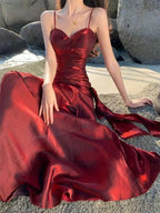 Lovely Wine Red Satin Mermaid Chic Sweetheart Classy Prom Dress, Wine Red Satin Long Eveming Dress