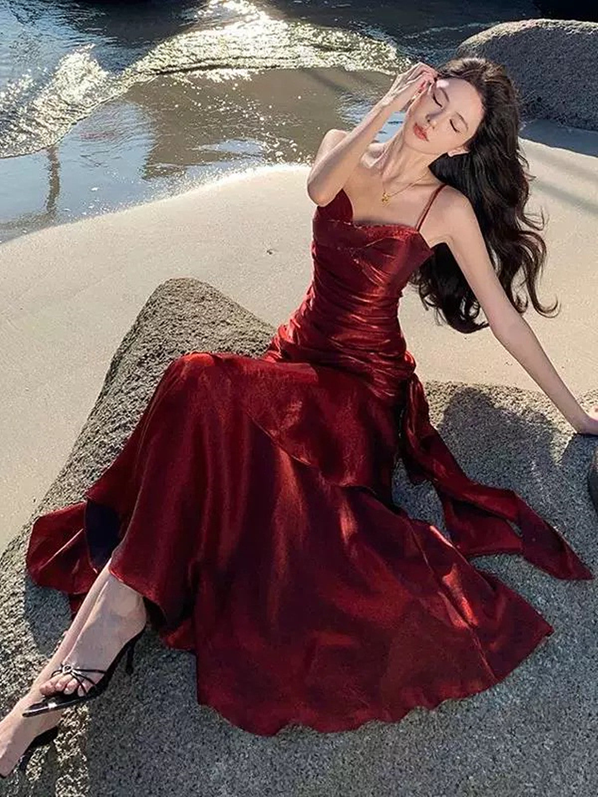 Lovely Wine Red Satin Mermaid Chic Sweetheart Classy Prom Dress, Wine Red Satin Long Eveming Dress
