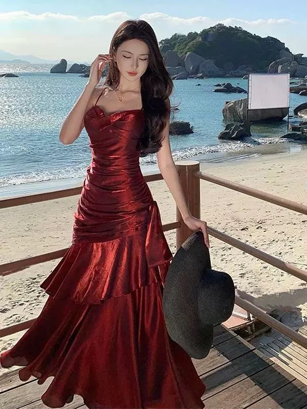 Lovely Wine Red Satin Mermaid Chic Sweetheart Classy Prom Dress, Wine Red Satin Long Eveming Dress Main image