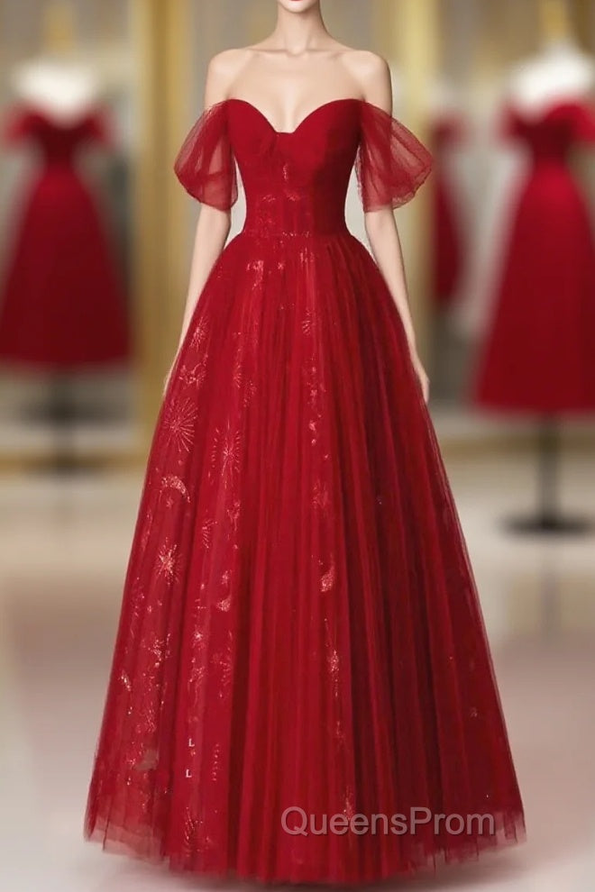 Lovely Wine Red Tulle Sweetheart Off Shoulder Evening Prom Dress, Wine Red Long Party Dress Main image
