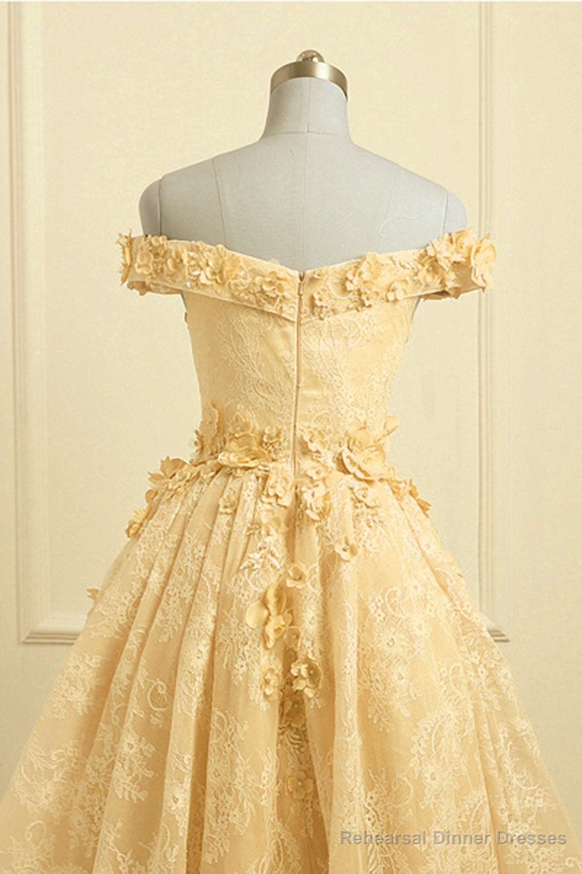 Lovely Yellow Off Shoulder Lace High Low Party Dress, Yellow Formal Dress Main image