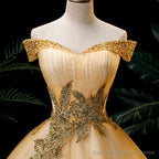 Lovey Champagne Beaded Ball Gown Sweet 16 Dress Long Prom Dresses prom dresses shops