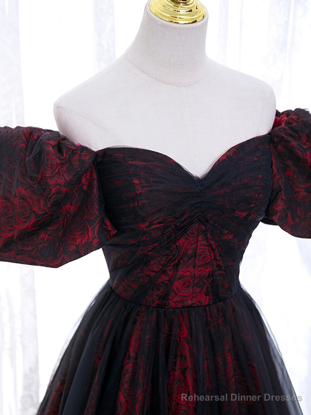Black Tulle A-Line Prom Dress with Rose Print, Black Off Shoulder Evening Party Dress Secondary image