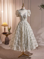 Beautiful Beading Pearl Sequins Green Prom Dresses, High Neckline Tea Length Sage Green Party Dress