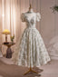 Beautiful Beading Pearl Sequins Green Prom Dresses, High Neckline Tea Length Sage Green Party Dress