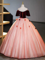 Burgundy Velvet Tulle Long Formal Dress, Off the Shoulder Sweet Flower Party Dress