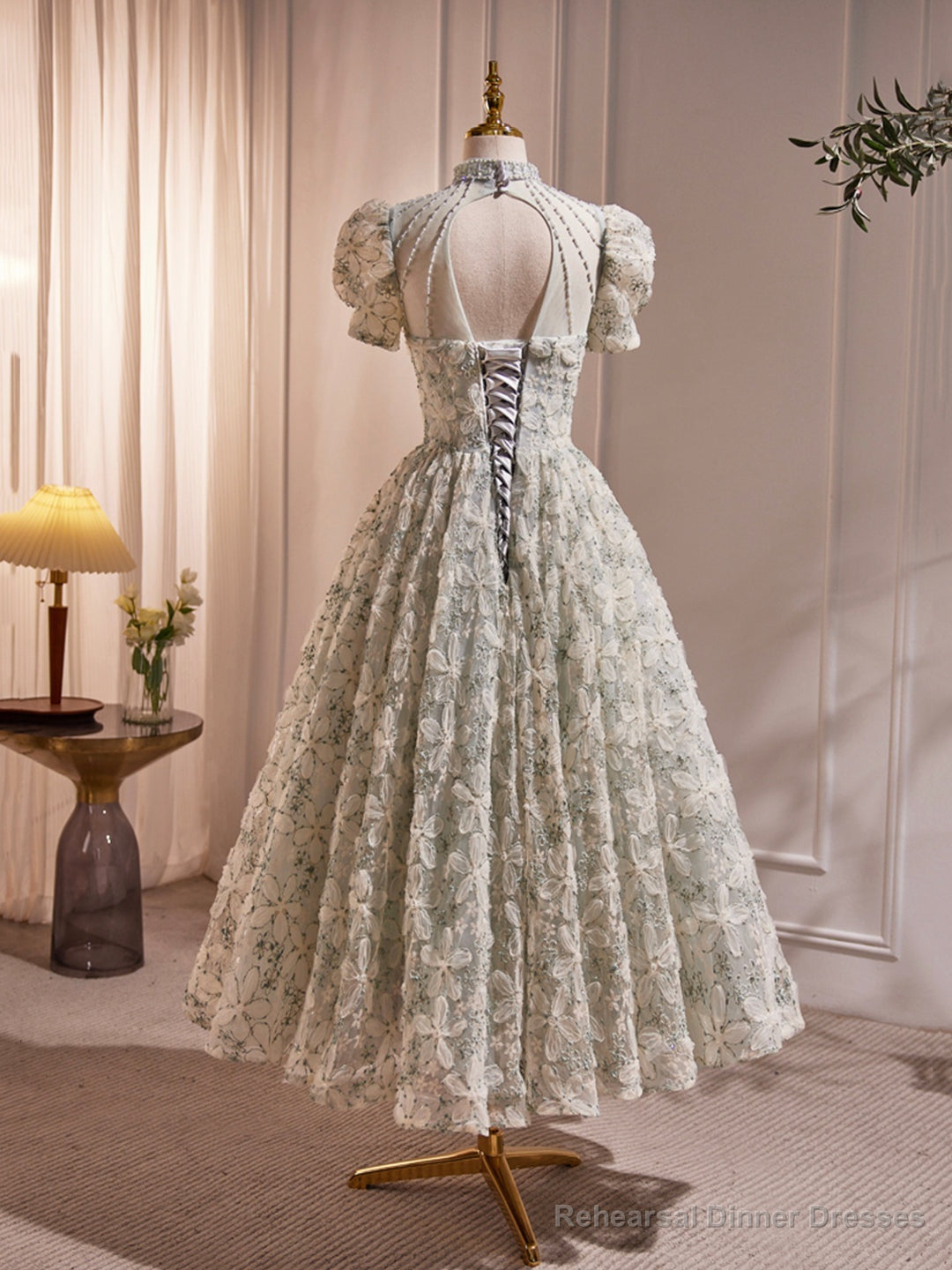 Beautiful Beading Pearl Sequins Green Prom Dresses, High Neckline Tea Length Sage Green Party Dress Secondary image