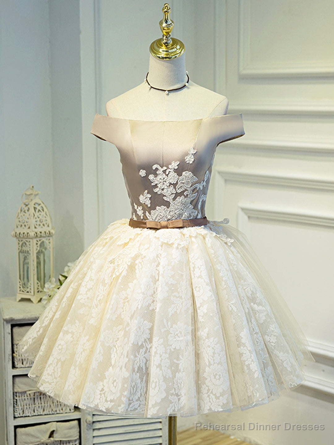 Champagne Tea Length Lace Party Dress, Off the Shoulder Evening Dress Main image