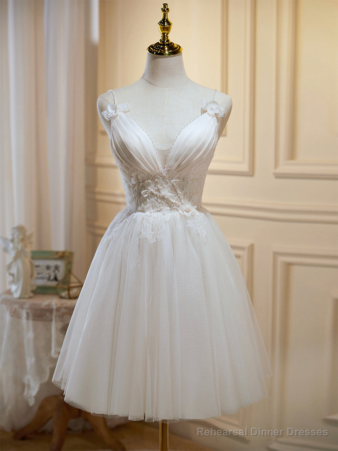 Ivory V-Neck Lace Straps Party Dress, Ivory Knee Length Prom Dress Main image