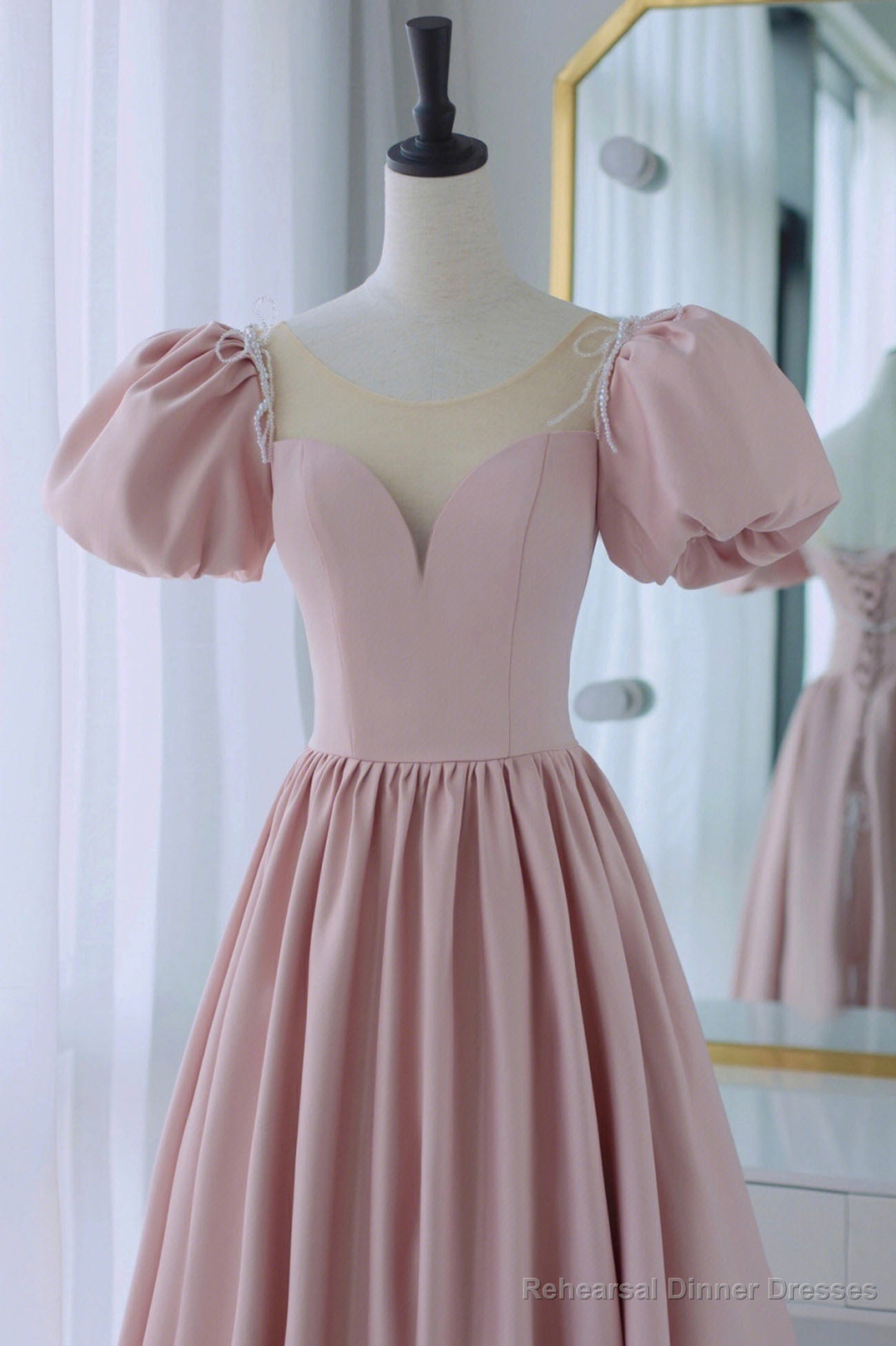 Pink Satin Long A-Line Prom Dress, Cute Short Sleeve Evening Dress Secondary image