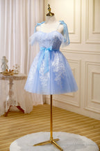 Blue Lace Knee Length Prom Dress, Lovely A-Line Homecoming Dress
