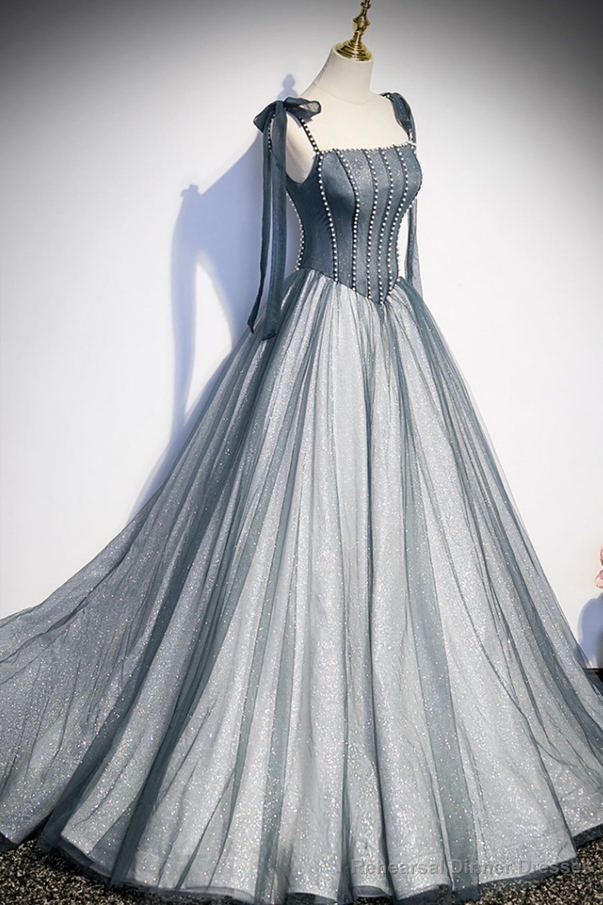 Gray Spaghetti Straps Long A-Line Prom Dress, Gray Evening Dress with Beaded