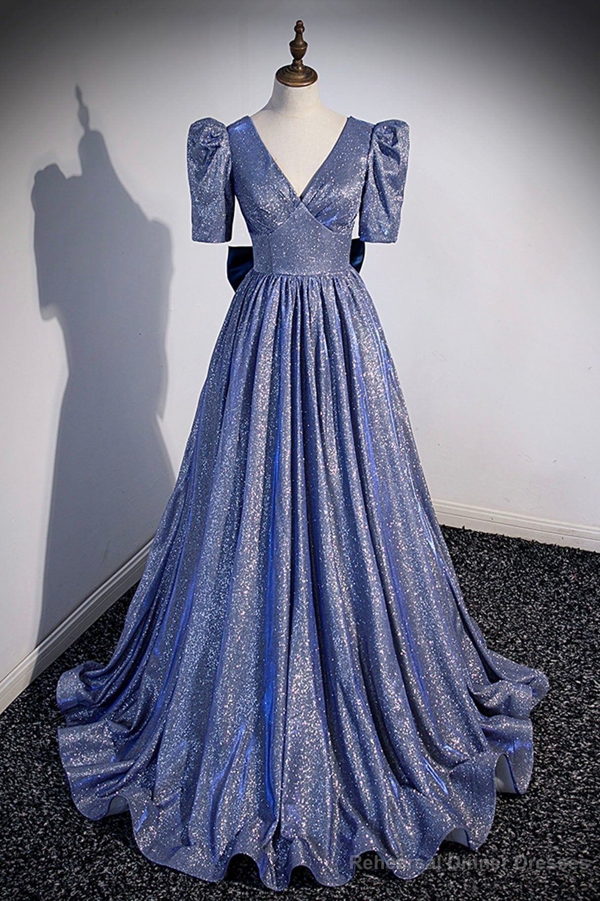 Blue Long A-Line Prom Dress, Simple V-Neck Short Sleeve Evening Dress Main image