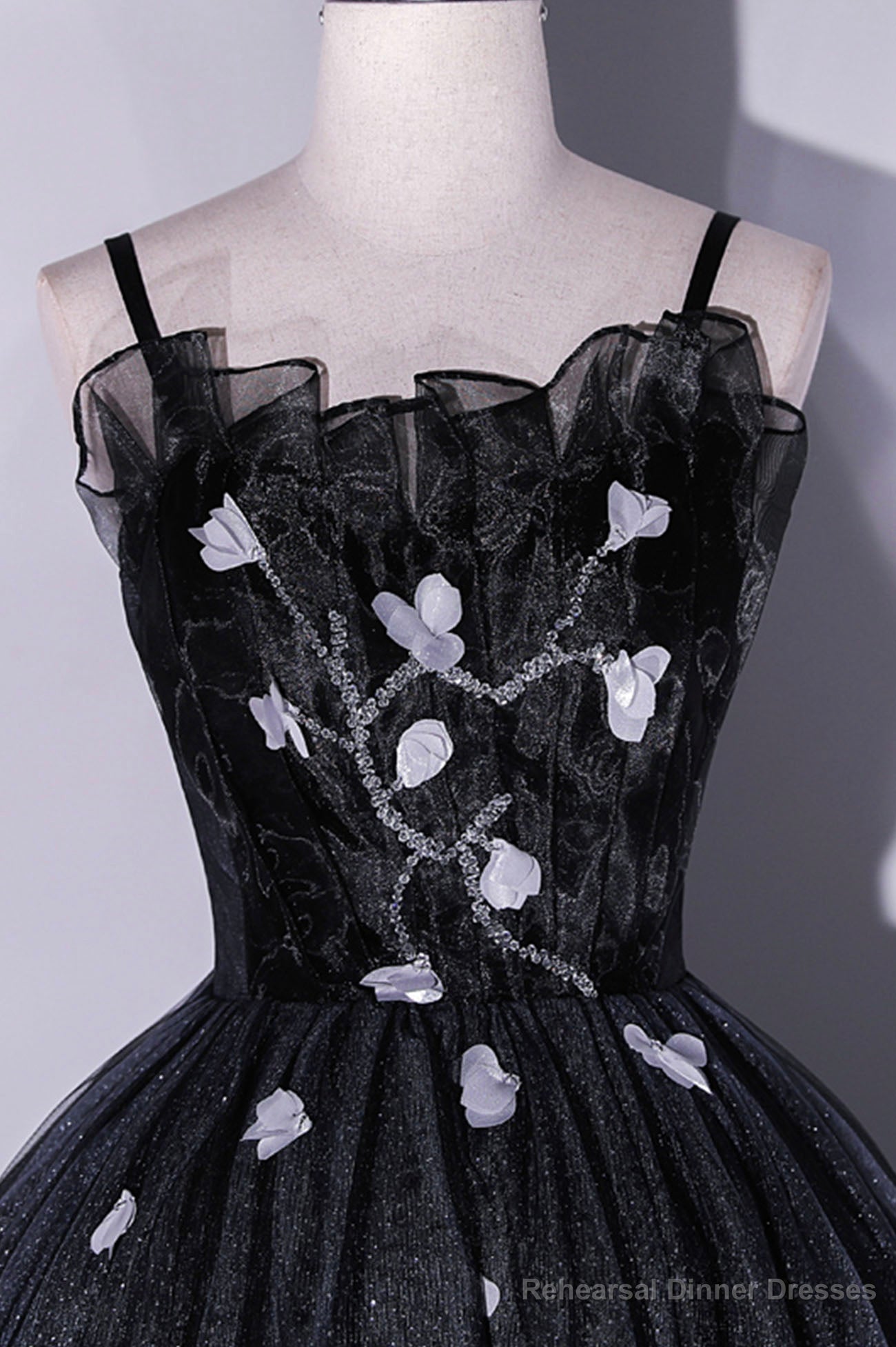 Black Tulle Long A-Line Evening Gown, Black Spaghetti Strap Evening Gown