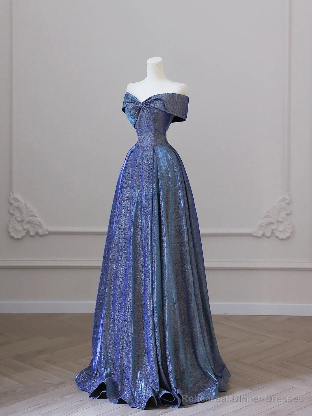 Shiny Off the Shoulder Floor Length Blue A-Line Prom Dress Secondary image
